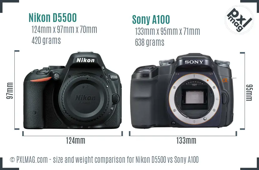 Nikon D5500 vs Sony A100 size comparison