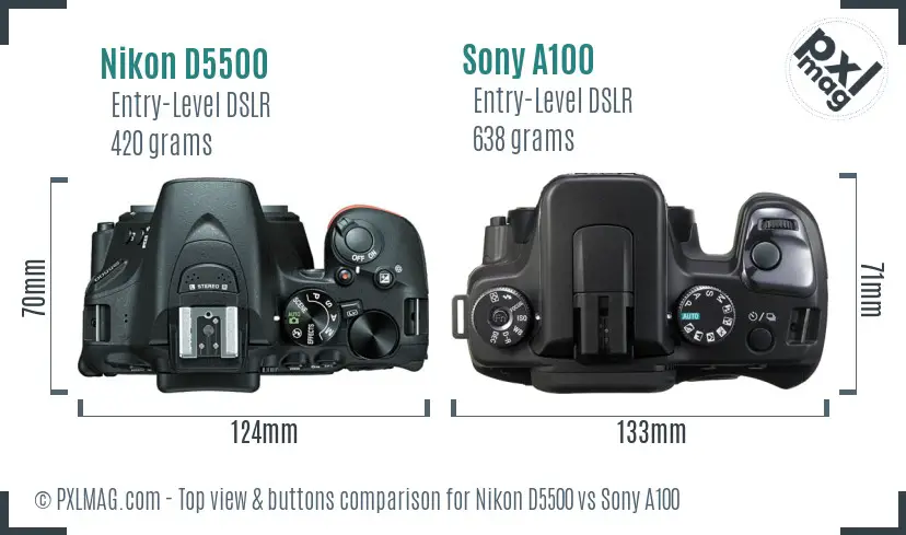 Nikon D5500 vs Sony A100 top view buttons comparison