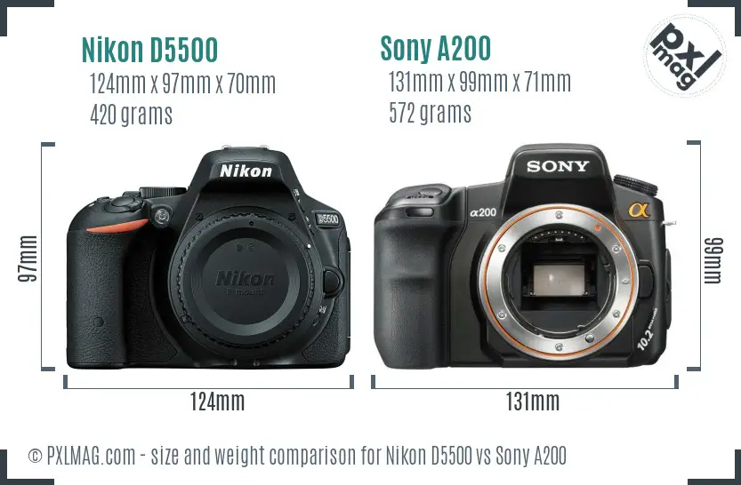 Nikon D5500 vs Sony A200 size comparison