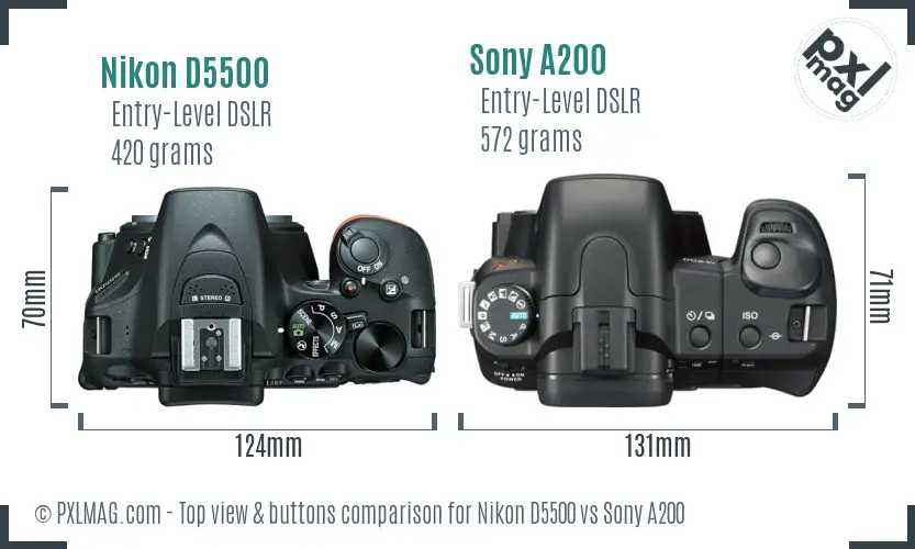 Nikon D5500 vs Sony A200 top view buttons comparison