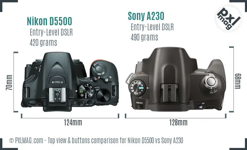 Nikon D5500 vs Sony A230 top view buttons comparison