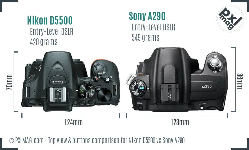Nikon D5500 vs Sony A290 top view buttons comparison
