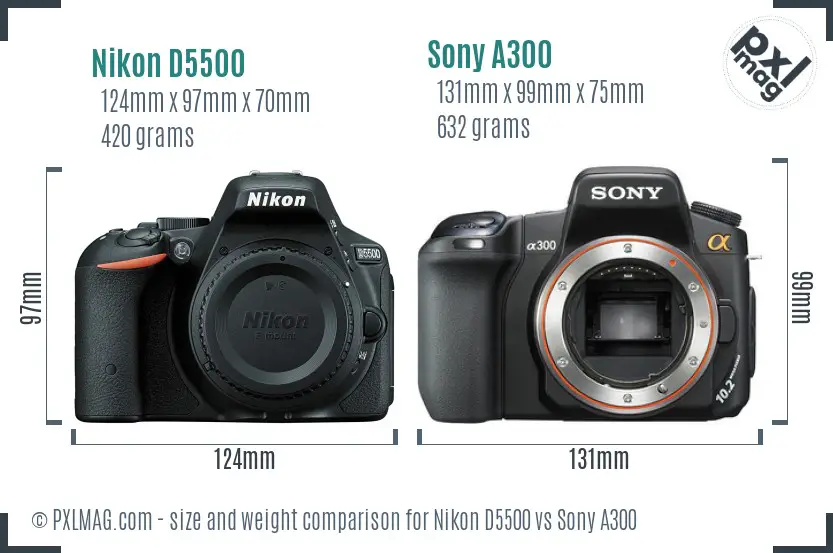 Nikon D5500 vs Sony A300 size comparison