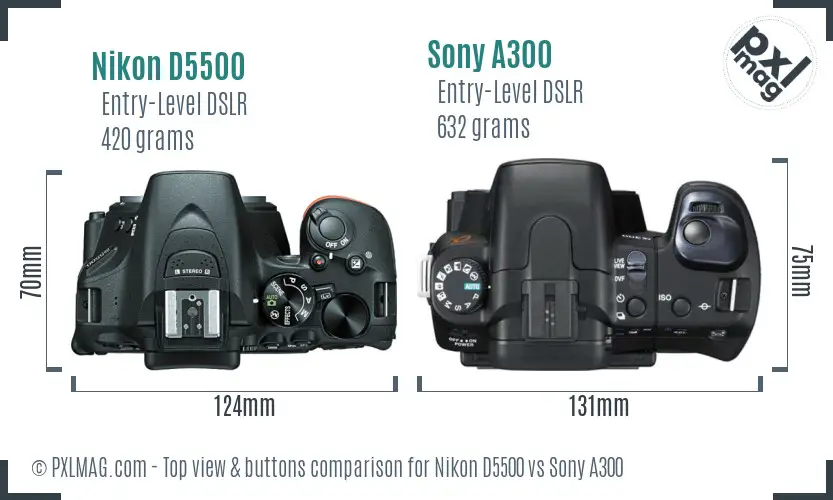Nikon D5500 vs Sony A300 top view buttons comparison