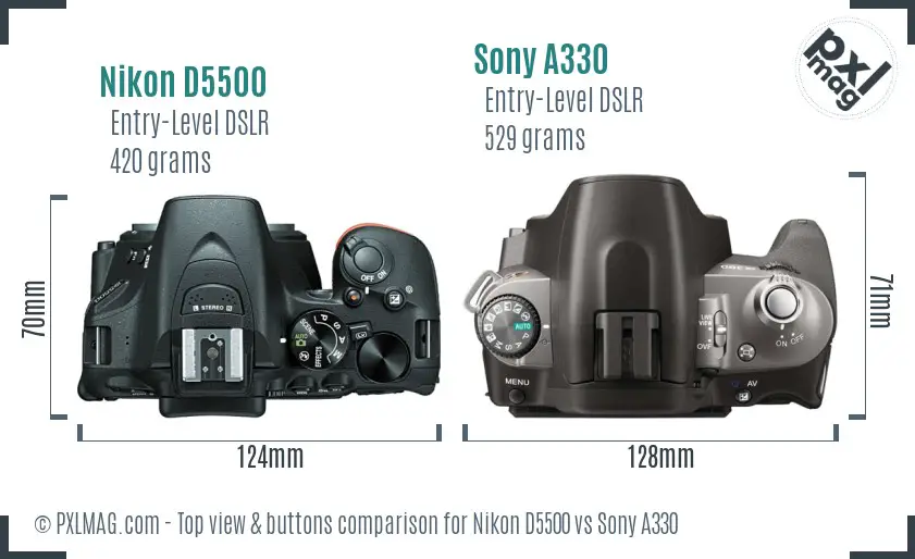 Nikon D5500 vs Sony A330 top view buttons comparison