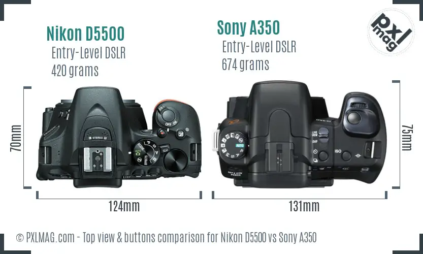 Nikon D5500 vs Sony A350 top view buttons comparison