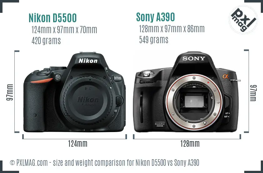 Nikon D5500 vs Sony A390 size comparison