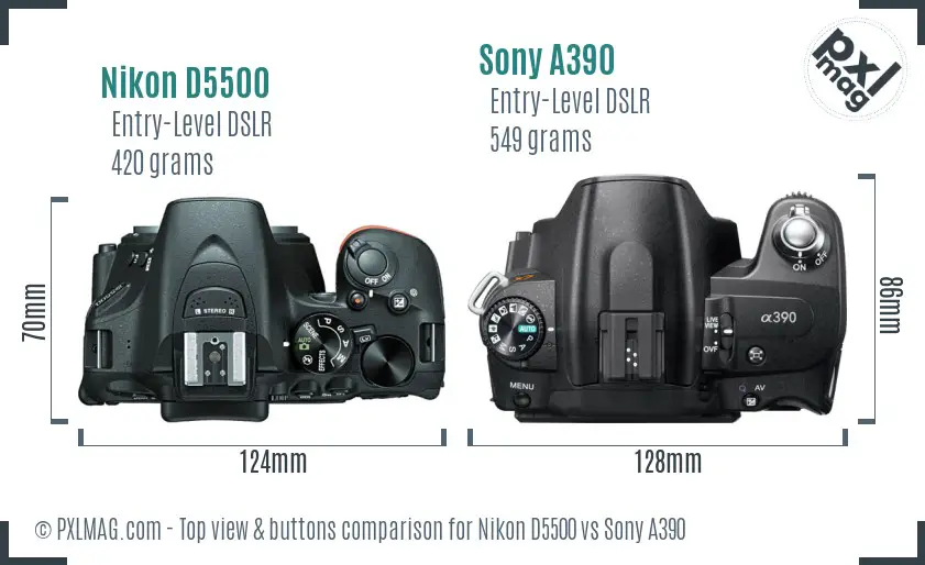 Nikon D5500 vs Sony A390 top view buttons comparison