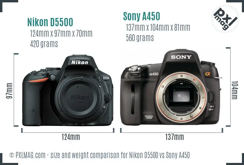 Nikon D5500 vs Sony A450 size comparison