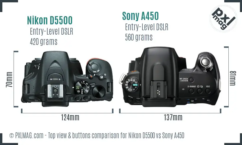 Nikon D5500 vs Sony A450 top view buttons comparison