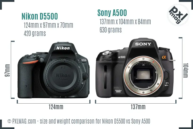 Nikon D5500 vs Sony A500 size comparison