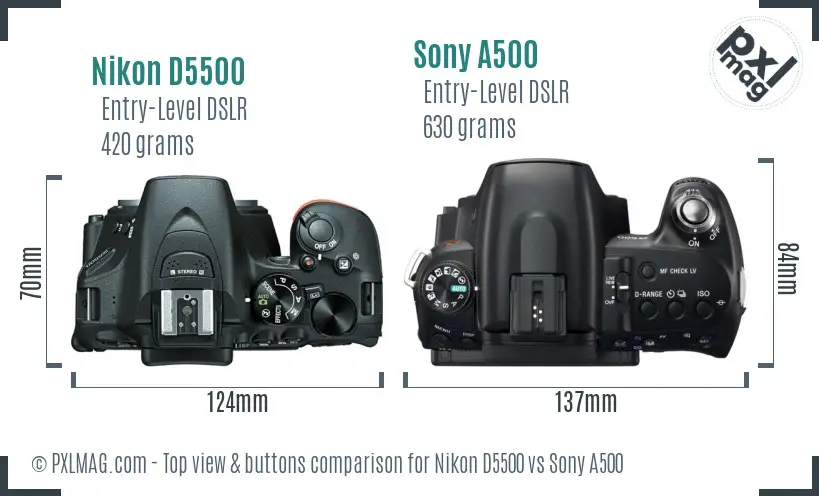 Nikon D5500 vs Sony A500 top view buttons comparison