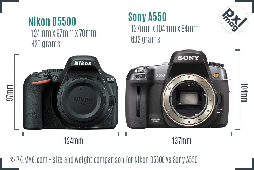 Nikon D5500 vs Sony A550 size comparison