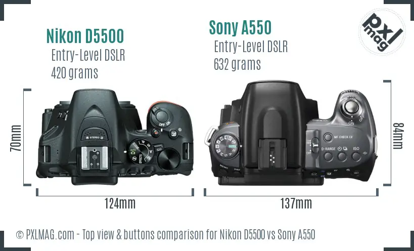 Nikon D5500 vs Sony A550 top view buttons comparison