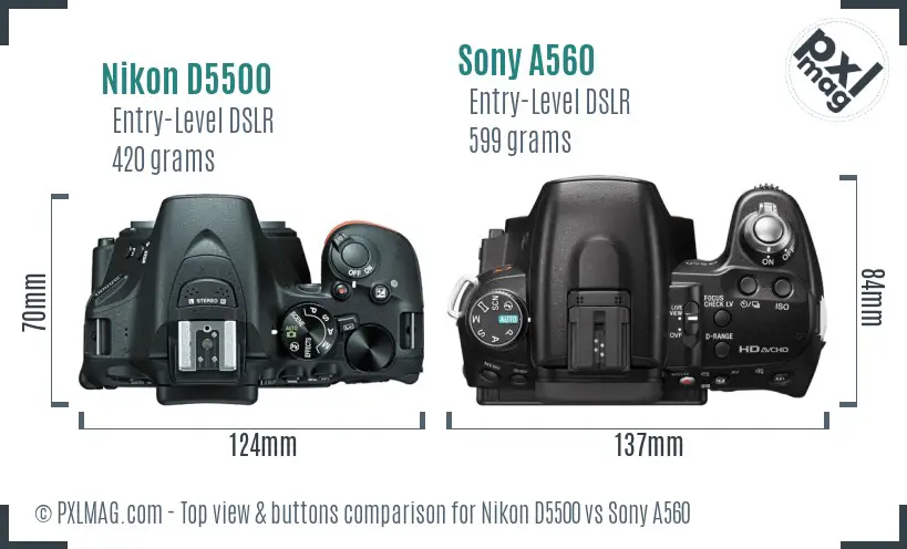 Nikon D5500 vs Sony A560 top view buttons comparison