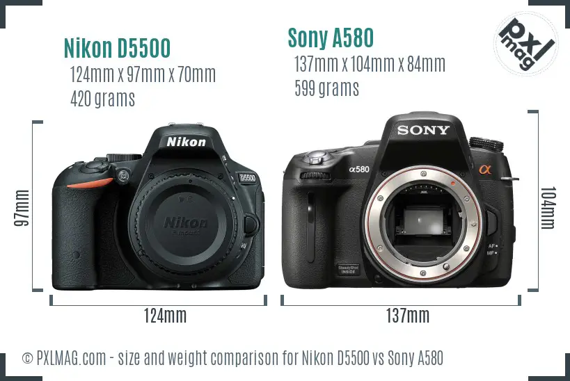 Nikon D5500 vs Sony A580 size comparison