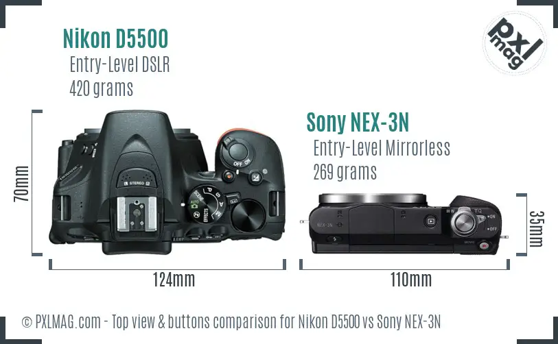 Nikon D5500 vs Sony NEX-3N top view buttons comparison