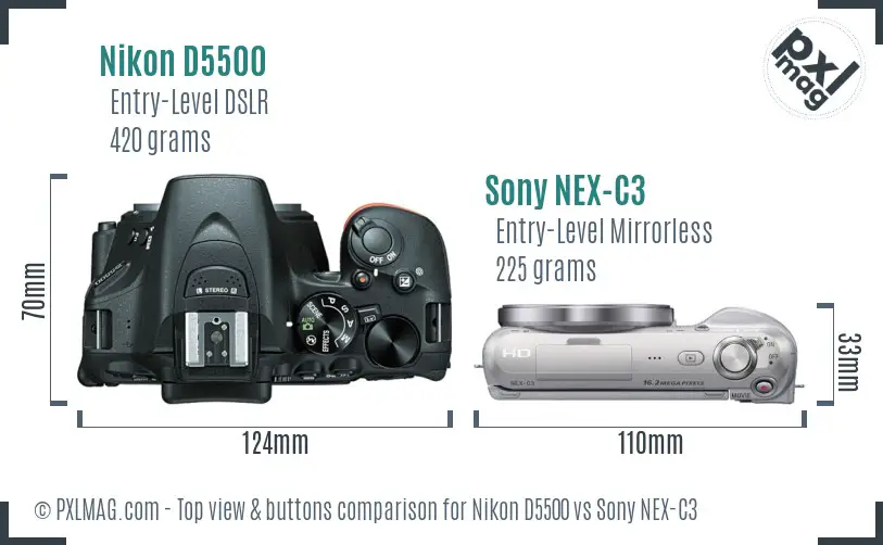 Nikon D5500 vs Sony NEX-C3 top view buttons comparison