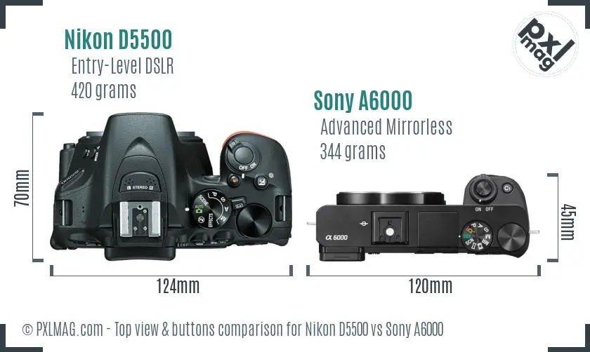 Nikon D5500 vs Sony A6000 top view buttons comparison Nikon D5500 vs Sony A6000 top view buttons comparison