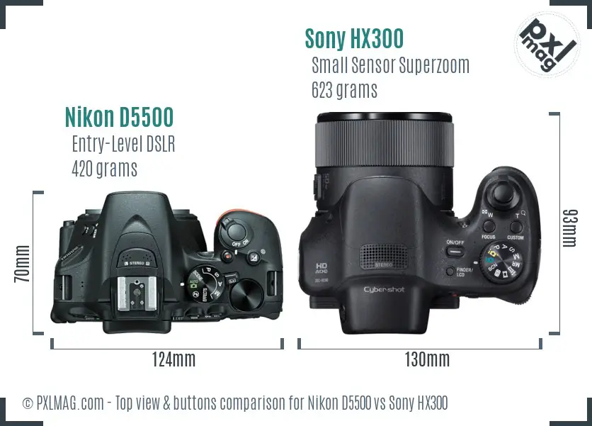 Nikon D5500 vs Sony HX300 top view buttons comparison