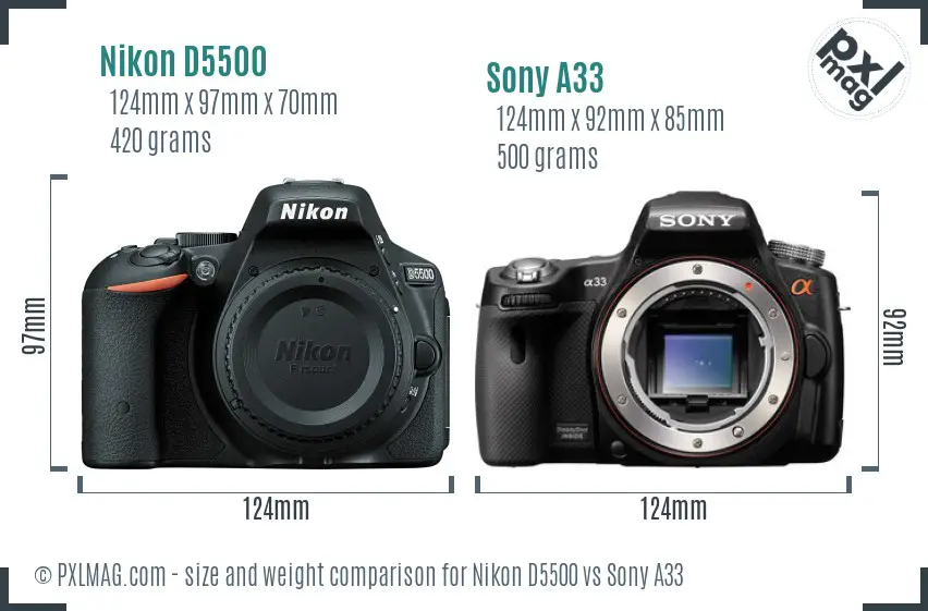 Nikon D5500 vs Sony A33 size comparison