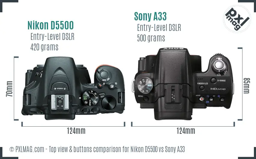 Nikon D5500 vs Sony A33 top view buttons comparison