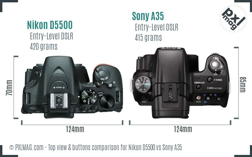 Nikon D5500 vs Sony A35 top view buttons comparison