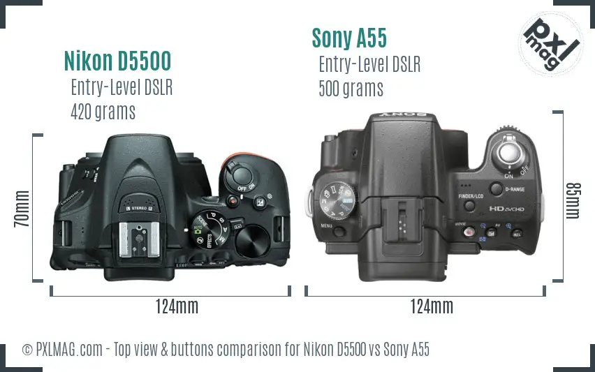 Nikon D5500 vs Sony A55 top view buttons comparison