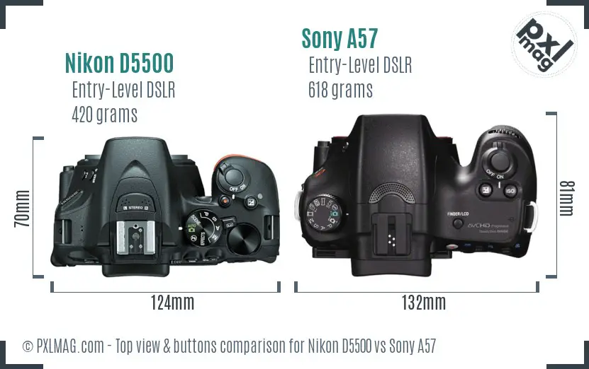 Nikon D5500 vs Sony A57 top view buttons comparison