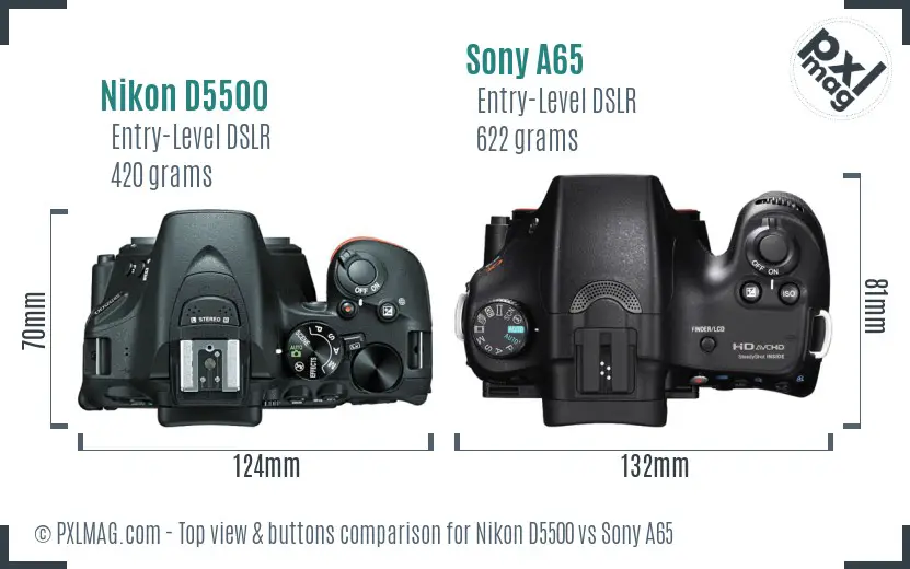 Nikon D5500 vs Sony A65 top view buttons comparison