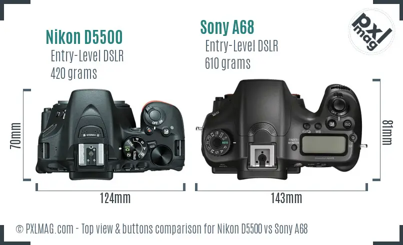 Nikon D5500 vs Sony A68 top view buttons comparison