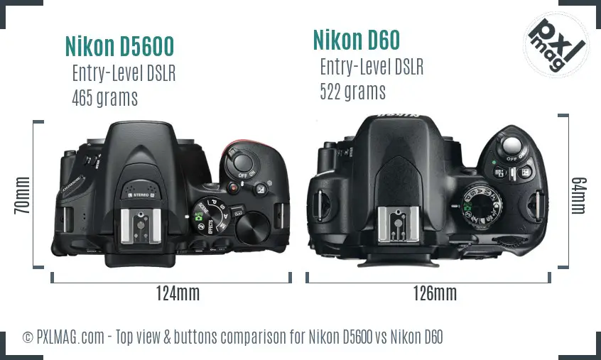 Nikon D5600 vs Nikon D60 top view buttons comparison