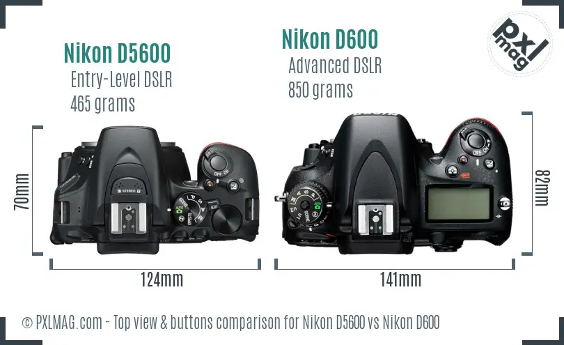Nikon D5600 vs Nikon D600 top view buttons comparison Nikon D5600 vs Nikon D600 top view buttons comparison