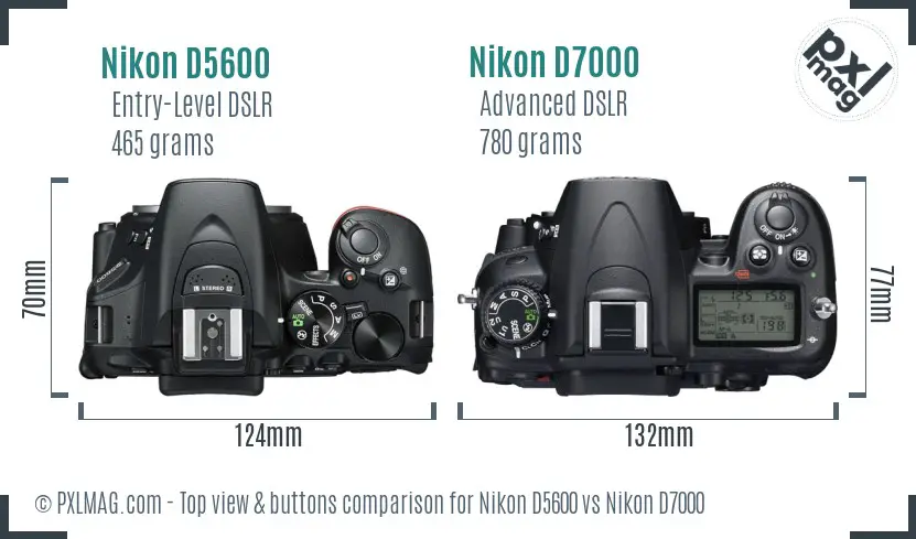 Nikon D5600 vs Nikon D7000 top view buttons comparison Nikon D5600 vs Nikon D7000 top view buttons comparison