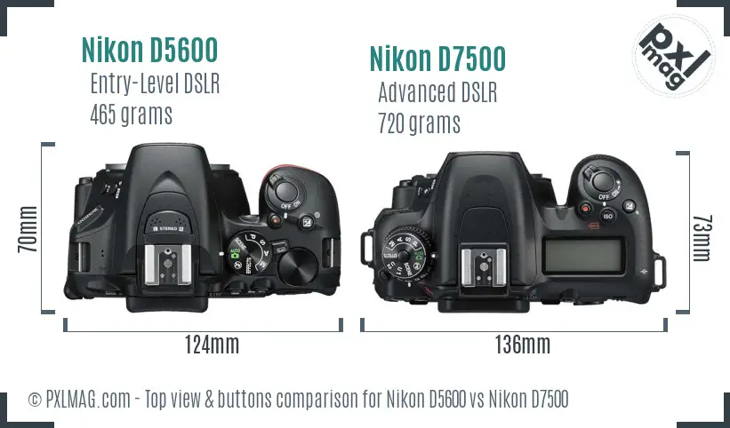 Nikon D5600 vs Nikon D7500 top view buttons comparison