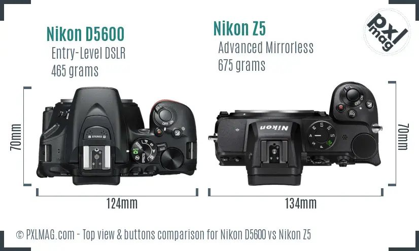 Nikon D5600 vs Nikon Z5 top view buttons comparison Nikon D5600 vs Nikon Z5 top view buttons comparison