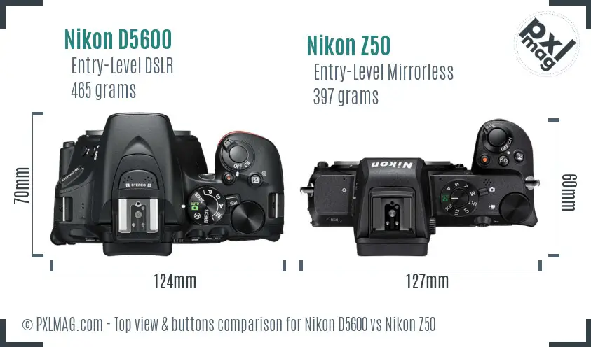 Nikon D5600 vs Nikon Z50 top view buttons comparison
