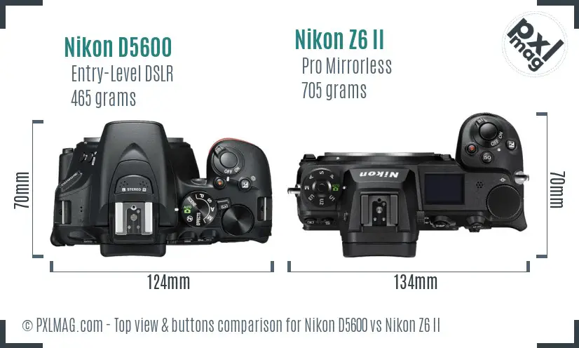 Nikon D5600 vs Nikon Z6 II top view buttons comparison
