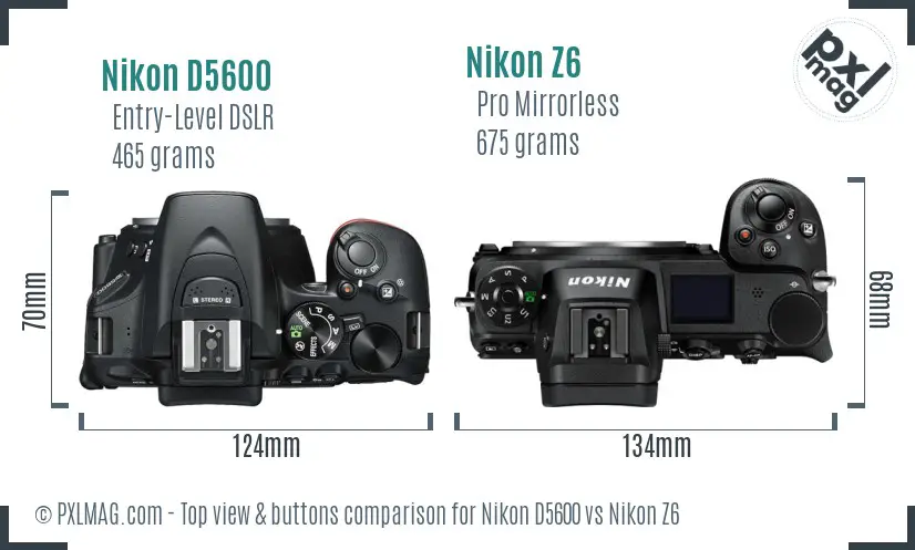 Nikon D5600 vs Nikon Z6 top view buttons comparison