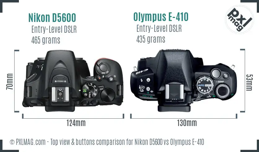 Nikon D5600 vs Olympus E-410 top view buttons comparison
