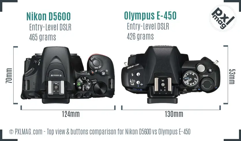 Nikon D5600 vs Olympus E-450 top view buttons comparison