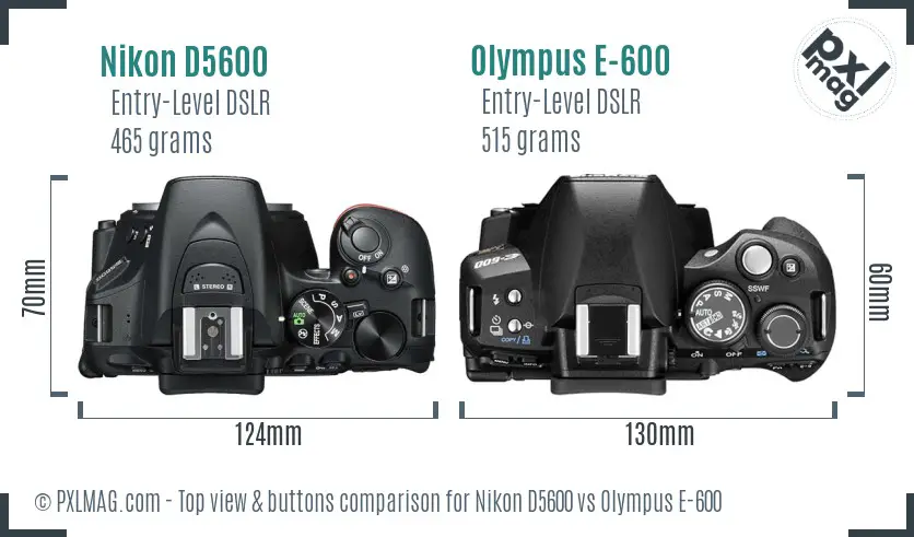 Nikon D5600 vs Olympus E-600 top view buttons comparison