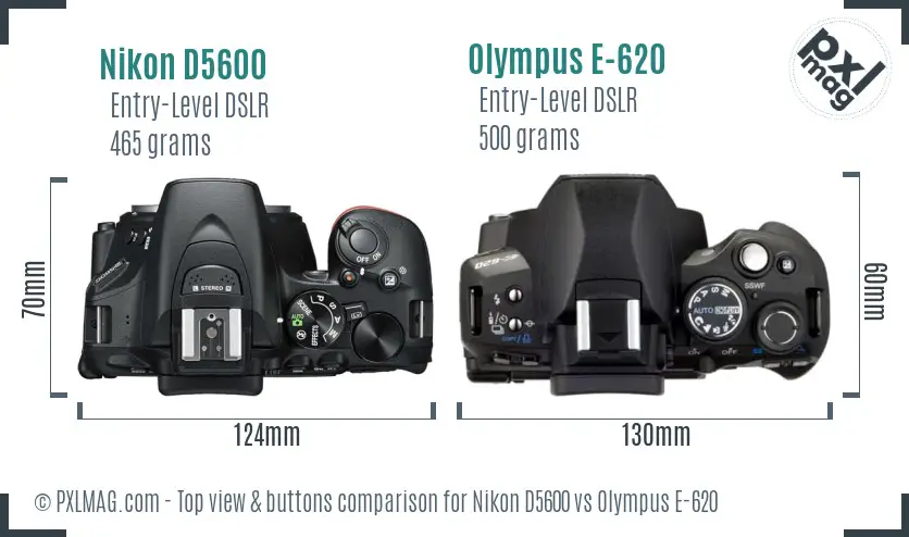 Nikon D5600 vs Olympus E-620 top view buttons comparison