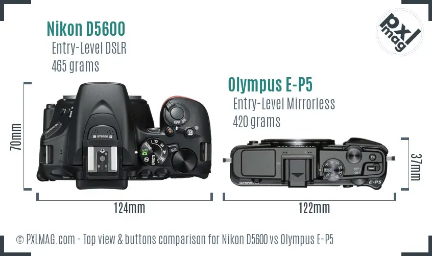 Nikon D5600 vs Olympus E-P5 top view buttons comparison