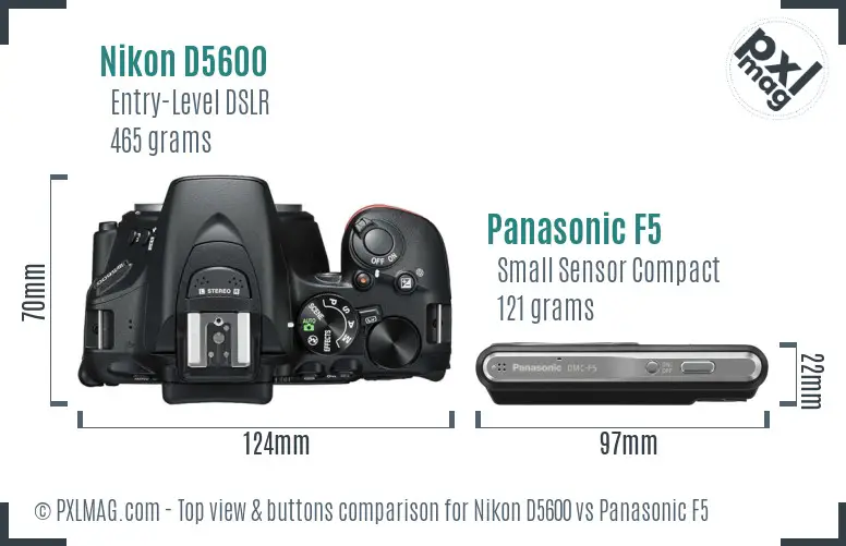 Nikon D5600 vs Panasonic F5 top view buttons comparison Nikon D5600 vs Panasonic F5 top view buttons comparison