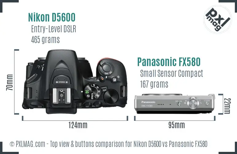 Nikon D5600 vs Panasonic FX580 top view buttons comparison