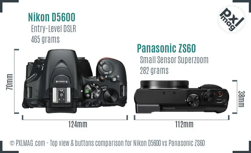 Nikon D5600 vs Panasonic ZS60 top view buttons comparison