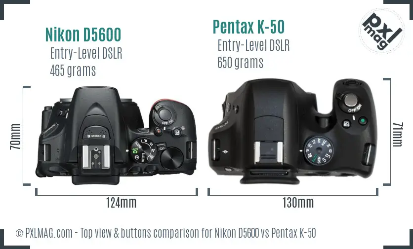 Nikon D5600 vs Pentax K-50 top view buttons comparison