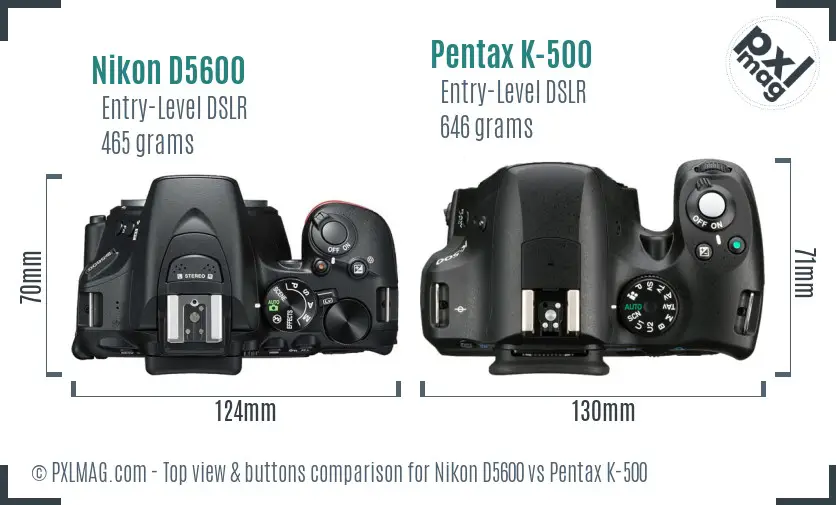 Nikon D5600 vs Pentax K-500 top view buttons comparison