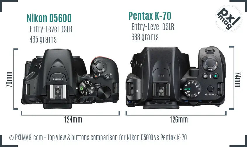 Nikon D5600 vs Pentax K-70 top view buttons comparison